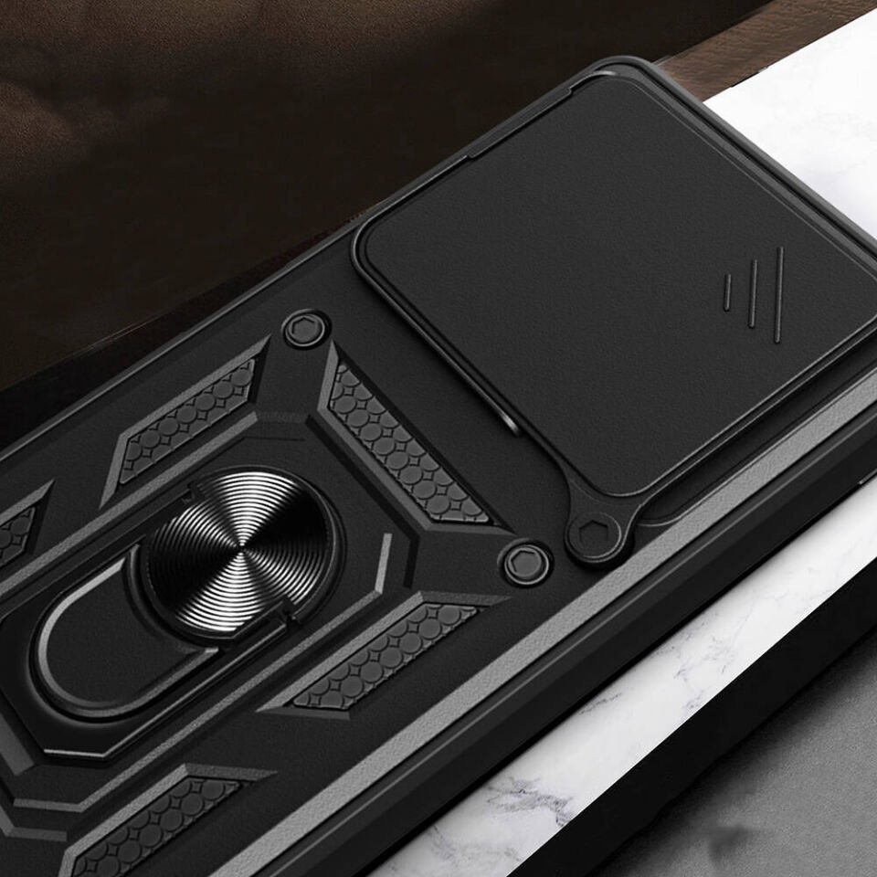 Xiaomi Poco F6 Pro Kılıf Sürgülü Tank Zırh Yüzüklü Mıknatıslı Standlı Kapak (S-VEGA) Siyah