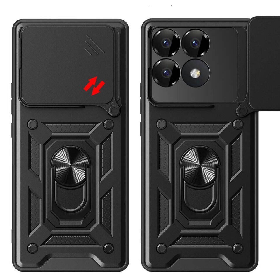 Xiaomi Poco F6 Pro Kılıf Sürgülü Tank Zırh Yüzüklü Mıknatıslı Standlı Kapak (S-VEGA) Siyah
