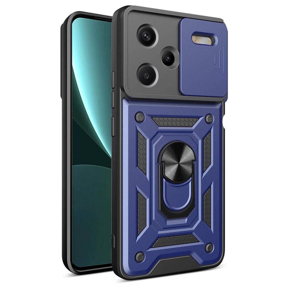 Xiaomi Redmi Note 13 Pro Plus 5G Kılıf Sürgülü Tank Zırh Yüzüklü Mıknatıslı Standlı Kapak (S-VEGA) Mavi