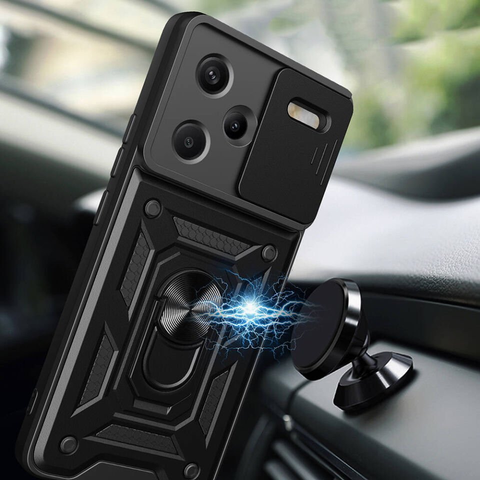 Xiaomi Redmi Note 13 Pro Plus 5G Kılıf Sürgülü Tank Zırh Yüzüklü Mıknatıslı Standlı Kapak (S-VEGA) Siyah