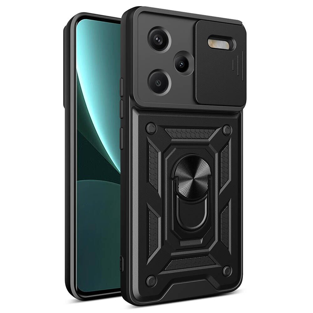 Xiaomi Redmi Note 13 Pro Plus 5G Kılıf Sürgülü Tank Zırh Yüzüklü Mıknatıslı Standlı Kapak (S-VEGA) Siyah