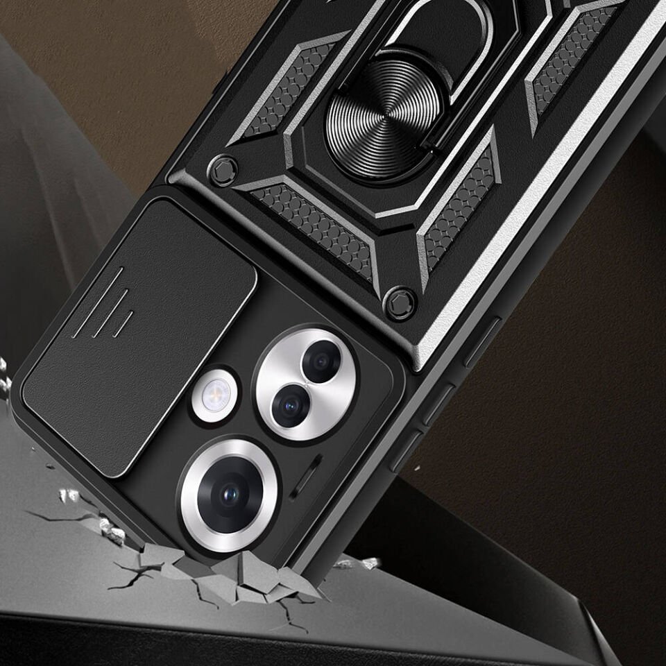 Oppo Reno 11F 5G Kılıf Sürgülü Tank Zırh Yüzüklü Mıknatıslı Standlı Kapak (S-VEGA) Mavi