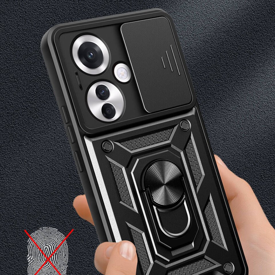Oppo Reno 11F 5G Kılıf Sürgülü Tank Zırh Yüzüklü Mıknatıslı Standlı Kapak (S-VEGA) Mavi
