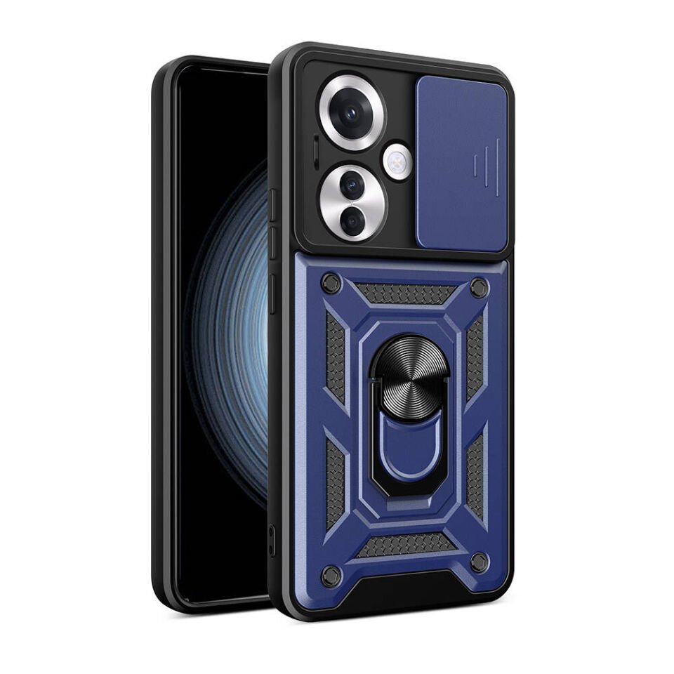 Oppo Reno 11F 5G Kılıf Sürgülü Tank Zırh Yüzüklü Mıknatıslı Standlı Kapak (S-VEGA) Mavi