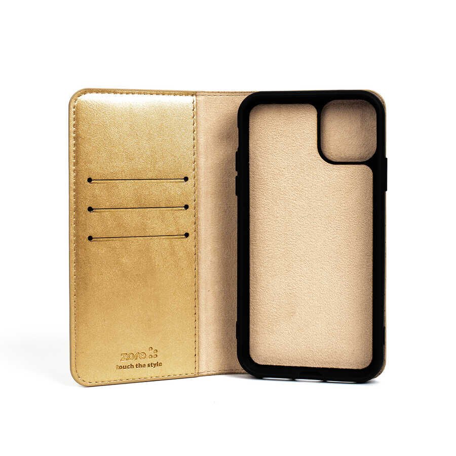 Samsung Galaxy Note 20 Ultra Kapaklı Kılıf Standlı 360 Tam Korumalı Kadife İç Yüzeyli (MULTİ) Gold