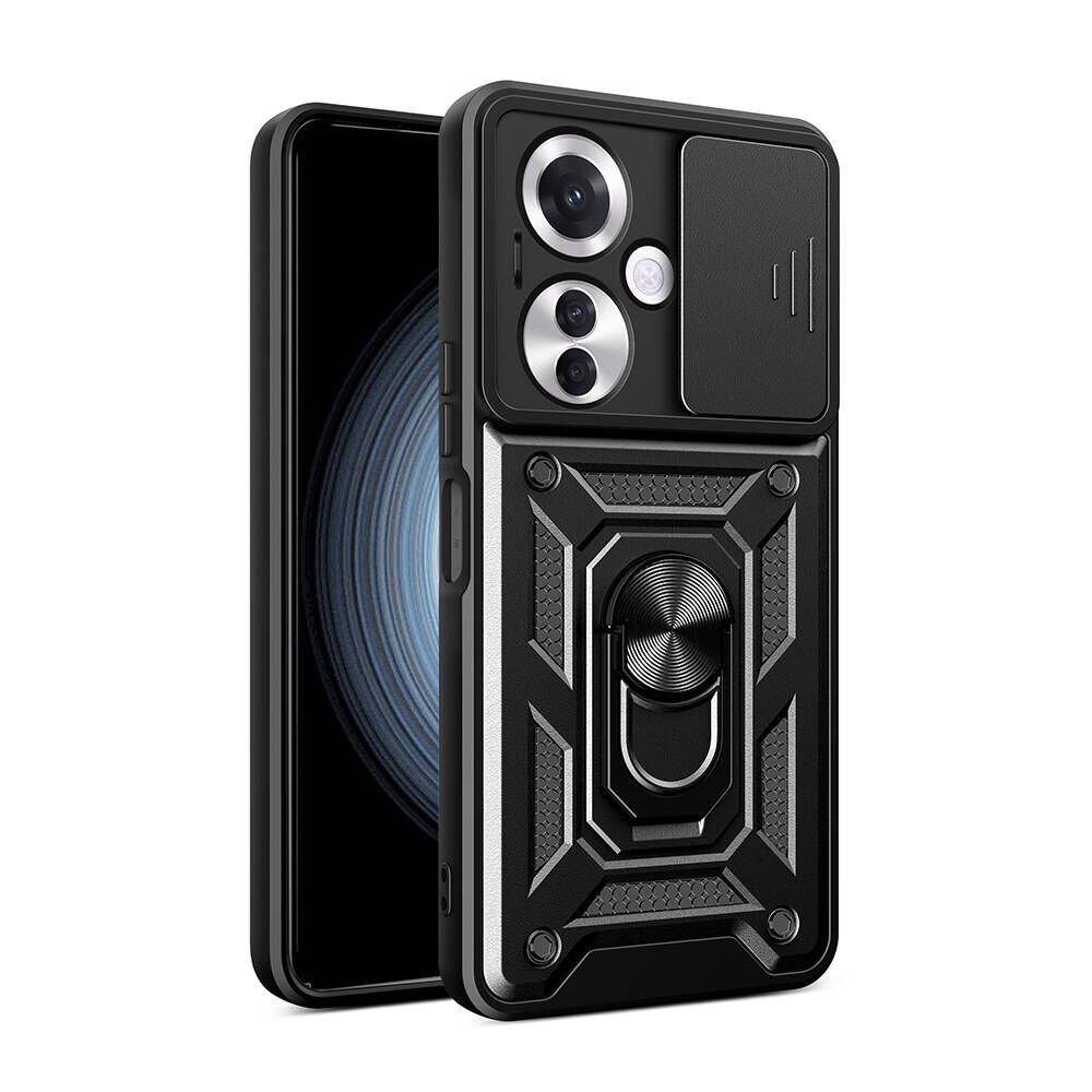 Oppo Reno 11F 5G Kılıf Sürgülü Tank Zırh Yüzüklü Mıknatıslı Standlı Kapak (S-VEGA) Siyah
