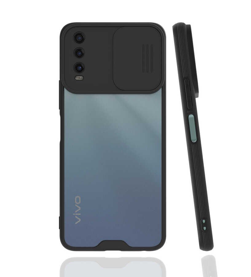 Vivo Y20 Kılıf Slayt Sürgülü Kamera Korumalı Renkli Silikon Kapak Siyah