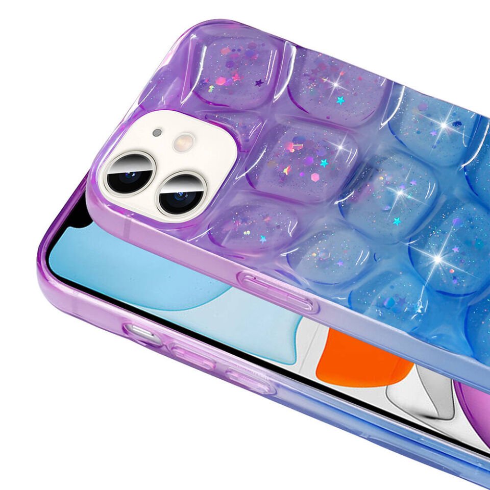 Apple iPhone 11 Kılıf Parlak Simli 3D Desenli Kapak (Hacar) Pembe-Mor