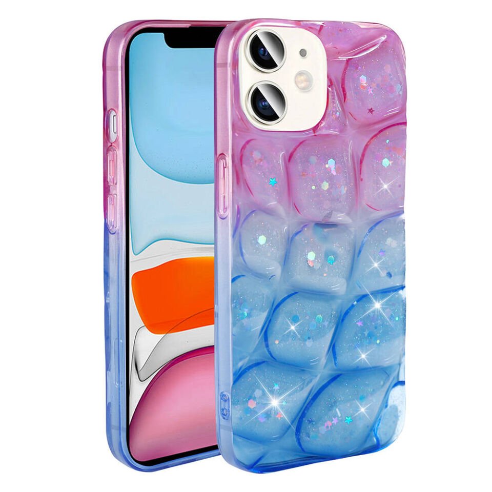 Apple iPhone 11 Kılıf Parlak Simli 3D Desenli Kapak (Hacar) Pembe-Mavi