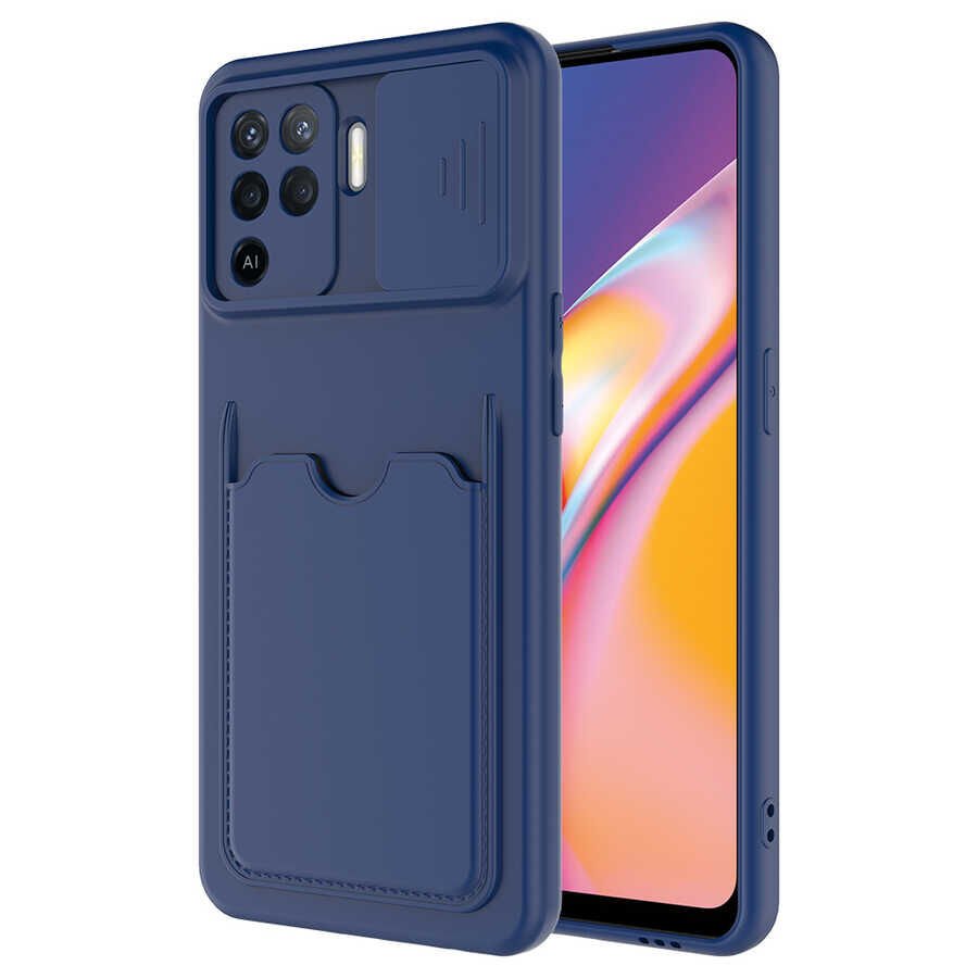 Oppo Reno 5 Lite Kılıf Cüzdan Sürgülü Kamera Korumalı Kartllıklı Bölmeli Kapak (Kartix) Lacivert