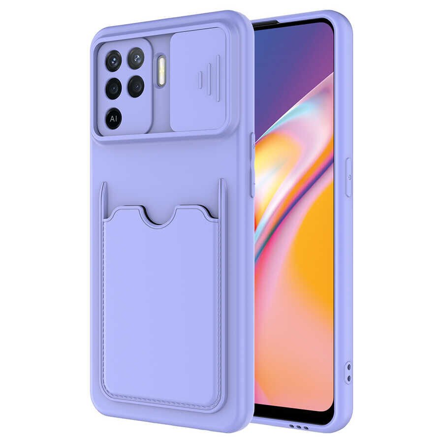 Oppo Reno 5 Lite Kılıf Cüzdan Sürgülü Kamera Korumalı Kartllıklı Bölmeli Kapak (Kartix) Lila