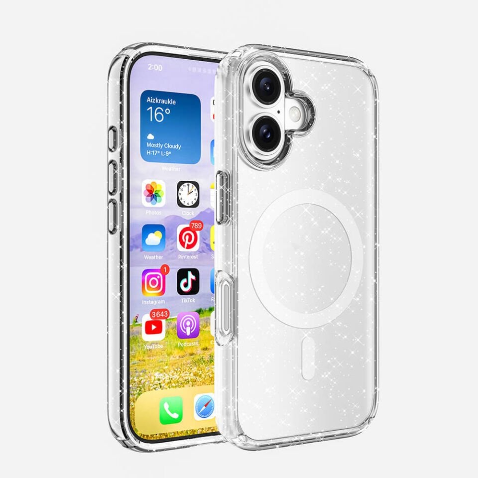 Apple iPhone 16 Plus Kılıf Magsafe Şarj Özellikli Parlayan Simli Saydam Renkli Kapak (Allstar) Şeffaf