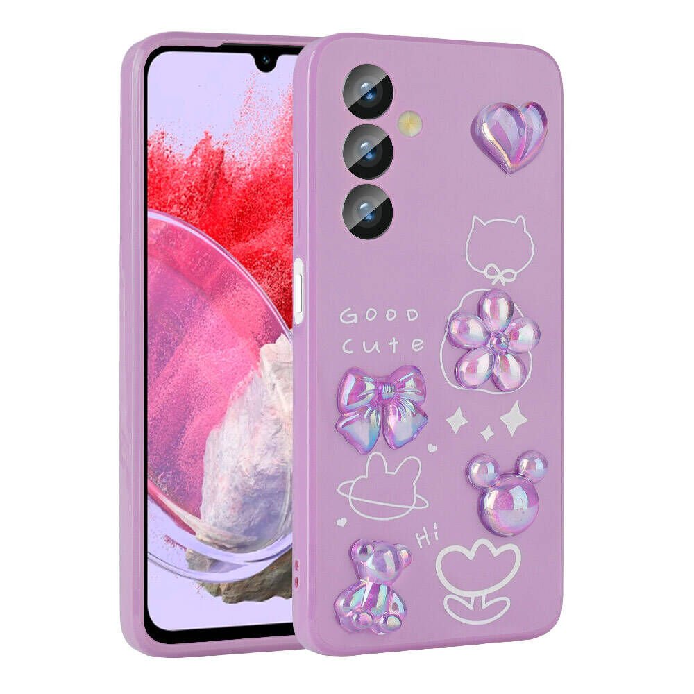 Samsung Galaxy M34 5G Kılıf Kamera Korumalı Kabartma Figürlü Parlak Silikon Kapak (Toys) Mor
