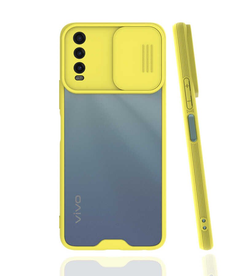 Vivo Y20 Kılıf Slayt Sürgülü Kamera Korumalı Renkli Silikon Kapak Sarı