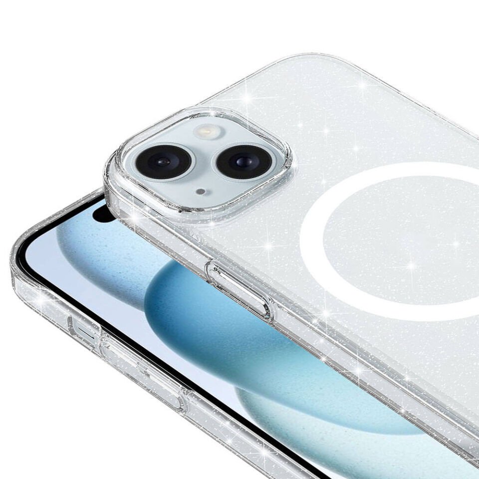 iPhone 15 Kılıf HEPTEKİLETİŞİM Magsafe Şarj Özellikli Simli Şeffaf Arka Yüzey Erdos Silikon Kapak