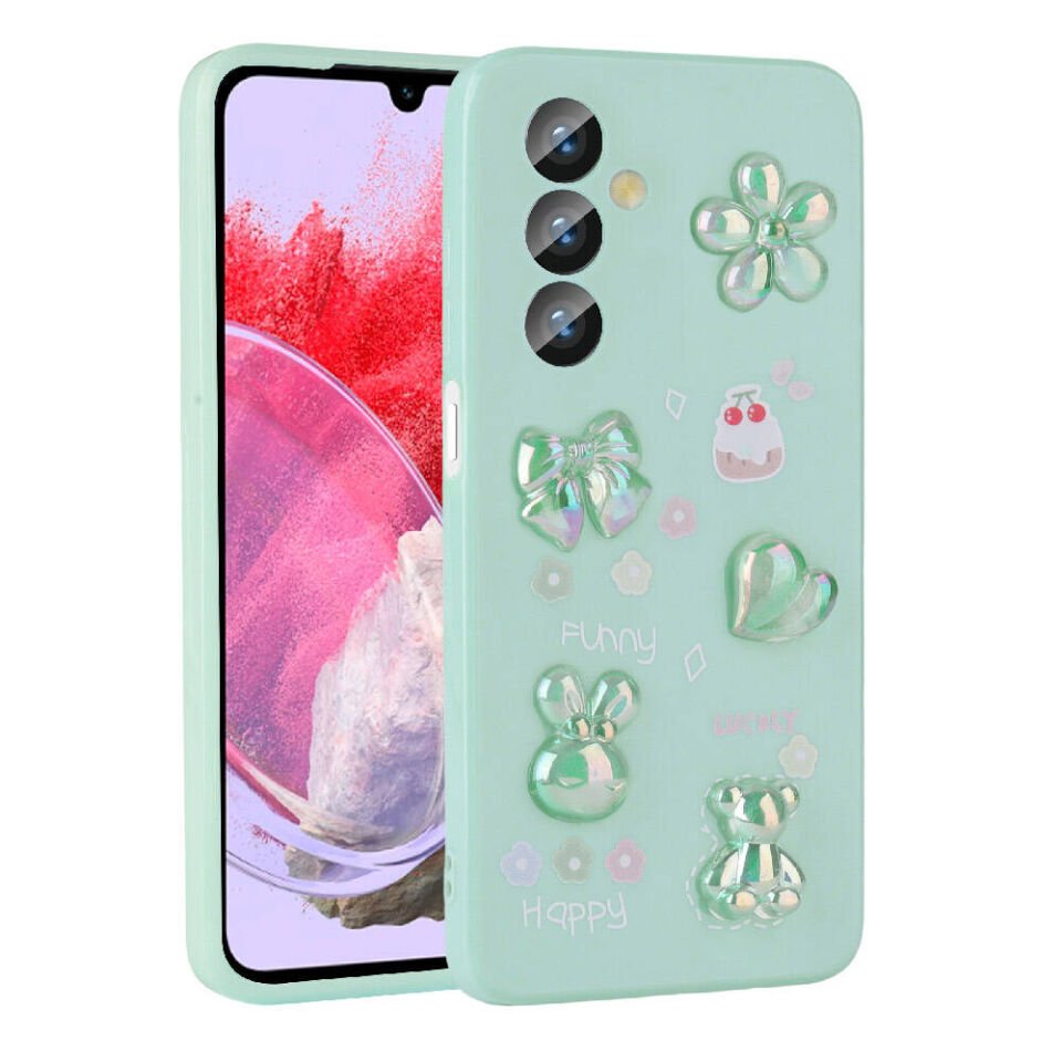 Samsung Galaxy M34 5G Kılıf Kamera Korumalı Kabartma Figürlü Parlak Silikon Kapak (Toys) Açık Yeşil
