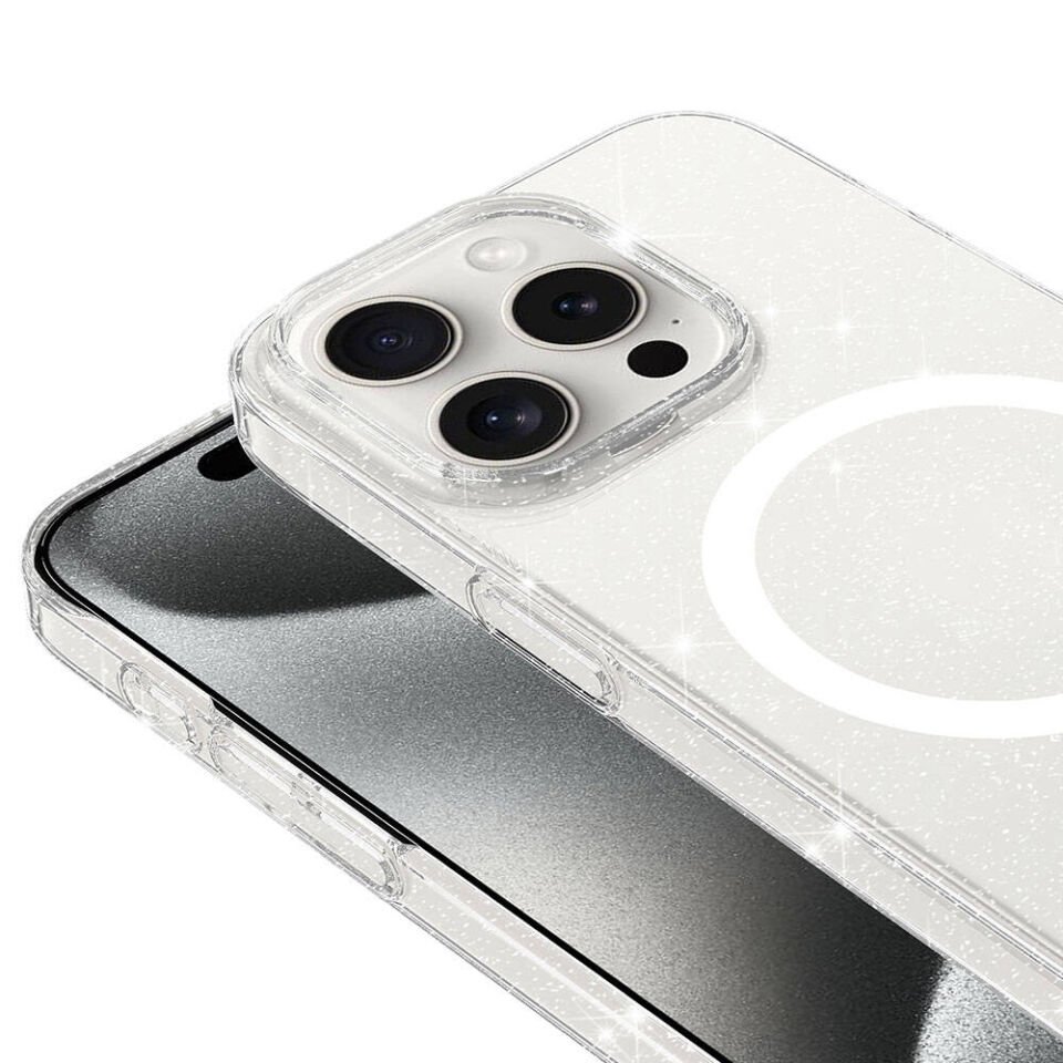 iPhone 15 Pro Kılıf HEPTEKİLETİŞİM Magsafe Şarj Özellikli Simli Şeffaf Arka Yüzey Erdos Silikon Kapak