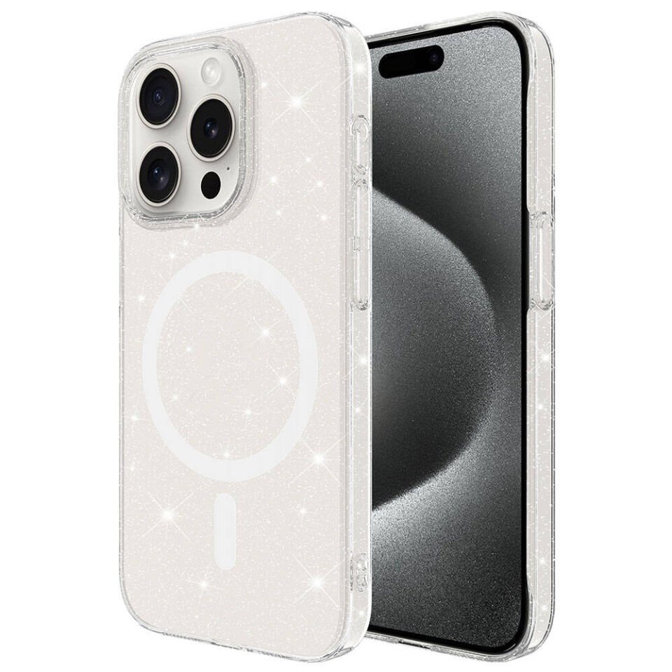 iPhone 15 Pro Kılıf HEPTEKİLETİŞİM Magsafe Şarj Özellikli Simli Şeffaf Arka Yüzey Erdos Silikon Kapak