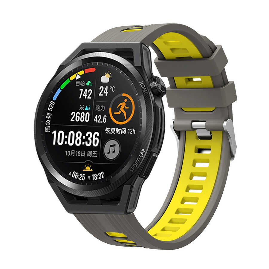 Samsung Galaxy Watch Active 2 40mm Silikon Kordon Esnek Yapılı Tasarım (KRD-55) Gri-Sarı