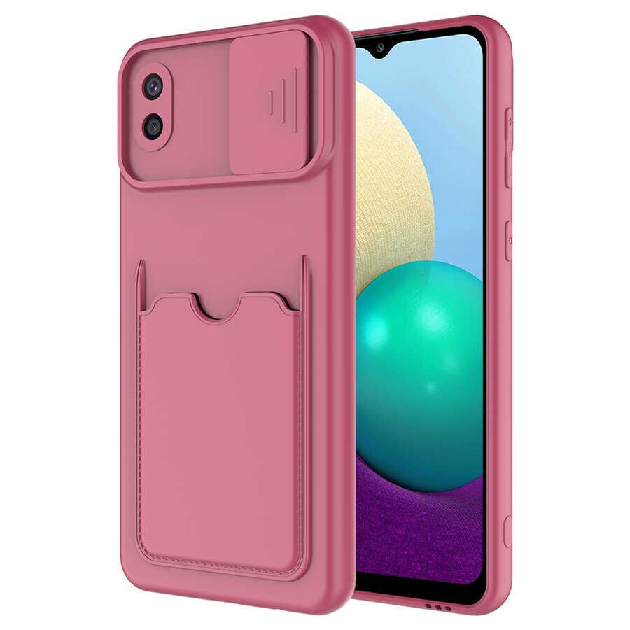 Samsung Galaxy A02 Kılıf Cüzdan Sürgülü Kamera Korumalı Kartllıklı Bölmeli Kapak (Kartix) Koyu Mor
