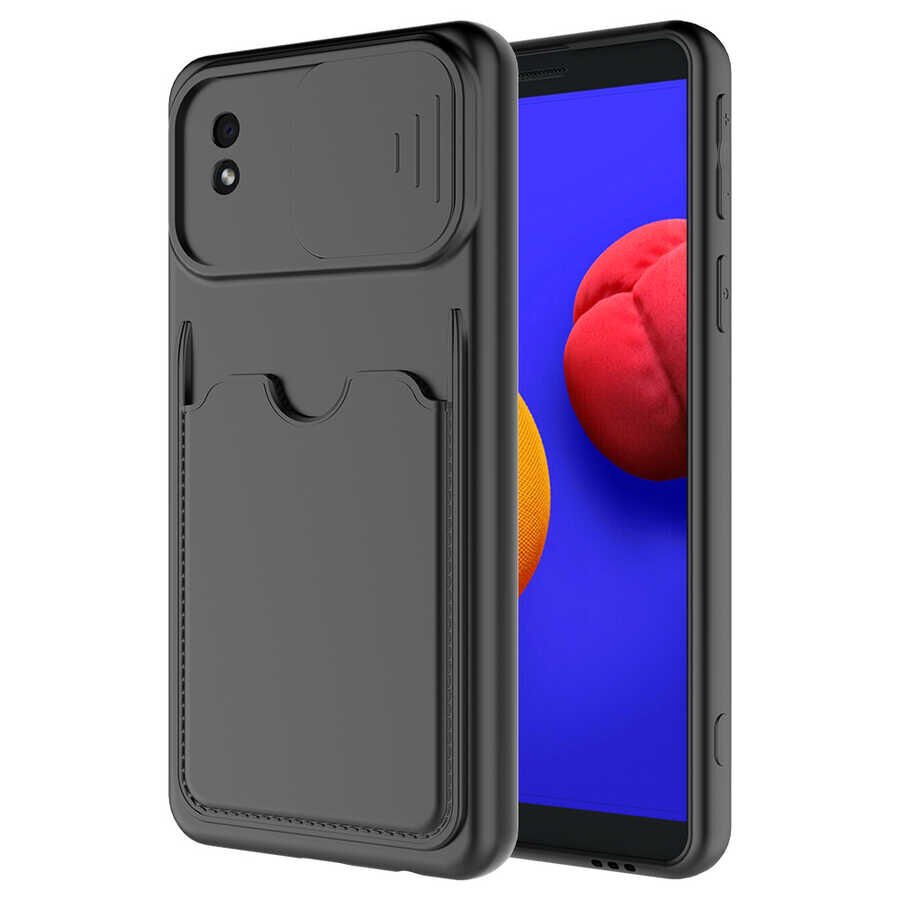 Samsung Galaxy A01 Core Kılıf Cüzdan Sürgülü Kamera Korumalı Kartllıklı Bölmeli Kapak (Kartix) Siyah