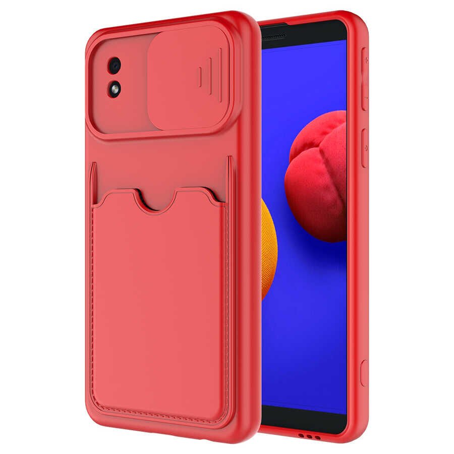 Samsung Galaxy A01 Core Kılıf Cüzdan Sürgülü Kamera Korumalı Kartllıklı Bölmeli Kapak (Kartix) Kırmızı
