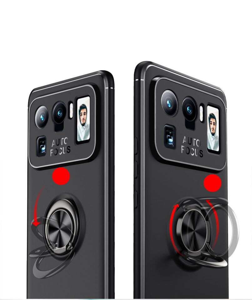 Xiaomi Mi 11 Ultra Kılıf Kamera Çıkıntılı Renkli Yüzüklü Standlı Mıknatıslı Kapak (RAVEL) Siyah