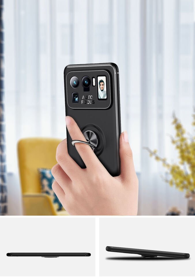 Xiaomi Mi 11 Ultra Kılıf Kamera Çıkıntılı Renkli Yüzüklü Standlı Mıknatıslı Kapak (RAVEL) Siyah