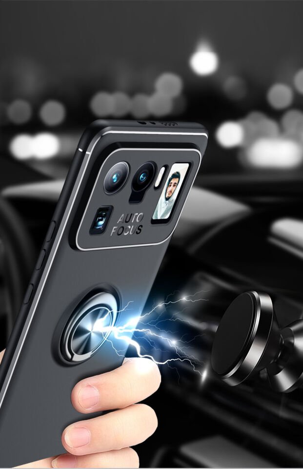 Xiaomi Mi 11 Ultra Kılıf Kamera Çıkıntılı Renkli Yüzüklü Standlı Mıknatıslı Kapak (RAVEL) Siyah