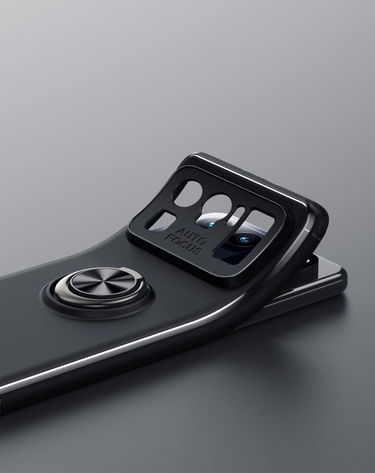 Xiaomi Mi 11 Ultra Kılıf Kamera Çıkıntılı Renkli Yüzüklü Standlı Mıknatıslı Kapak (RAVEL) Siyah