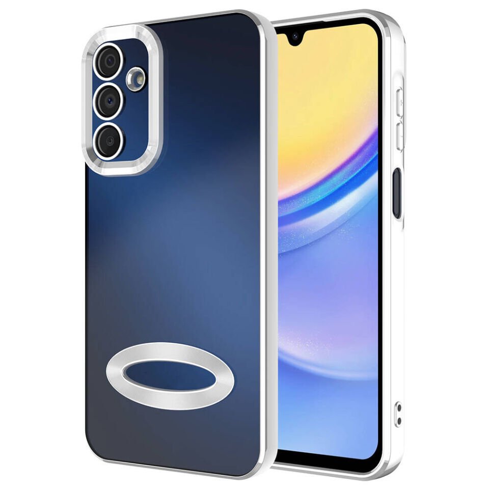 Samsung Galaxy A15 Kılıf Kamera Lens Korumalı Logo Gösteren Parlak Kenarlı Kapak (OMEGA) Gümüş