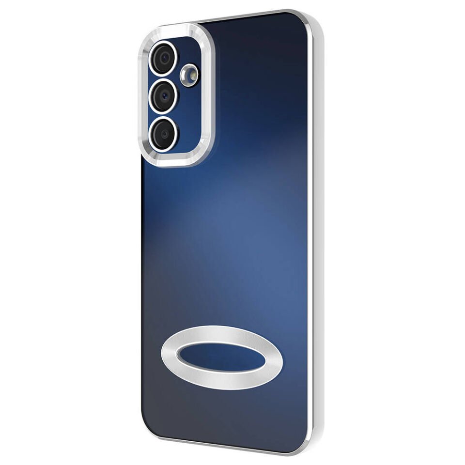 Samsung Galaxy A15 Kılıf Kamera Lens Korumalı Logo Gösteren Parlak Kenarlı Kapak (OMEGA) Gümüş