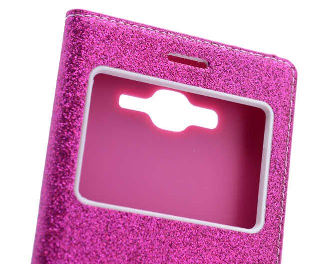 Samsung Galaxy S3 Kapaklı Kılıf Simli Mıknatıslı Kapak (DOLCE-SİM) Pembe Koyu