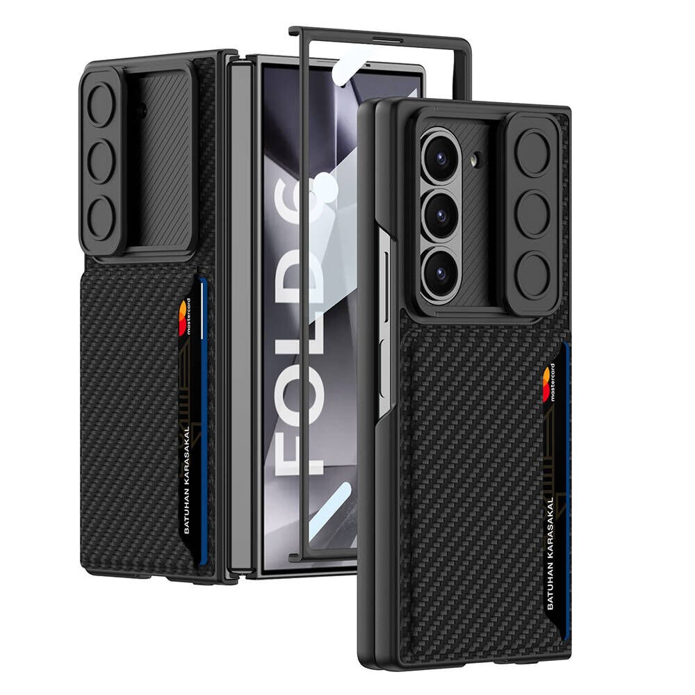 Samsung Galaxy Z Fold 6 Kılıf Kamera Korumalı Karbon Fiber Arka Yüzey Kartlıklı Sert Kapak (Kıpta) Siyah
