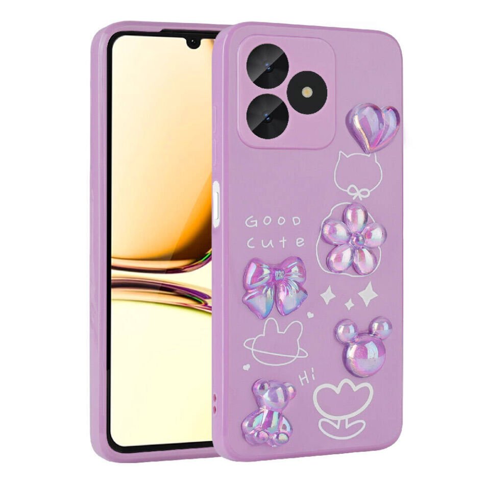 Realme C53 Kılıf Kamera Korumalı Kabartma Figürlü Parlak Silikon Kapak (Toys) Mor