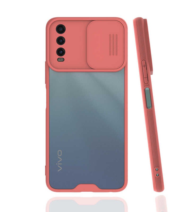 Vivo Y20S Kılıf Slayt Sürgülü Kamera Korumalı Renkli Silikon Kapak Pembe Açık