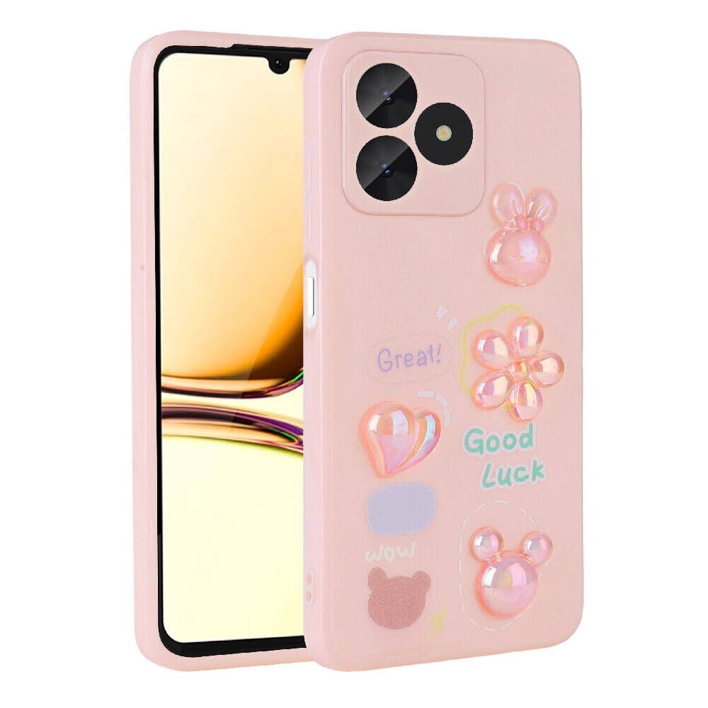 Realme C53 Kılıf Kamera Korumalı Kabartma Figürlü Parlak Silikon Kapak (Toys) Pembe