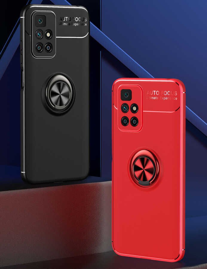 Xiaomi Redmi 10 Kılıf Kamera Çıkıntılı Renkli Yüzüklü Standlı Mıknatıslı Kapak (RAVEL) Siyah