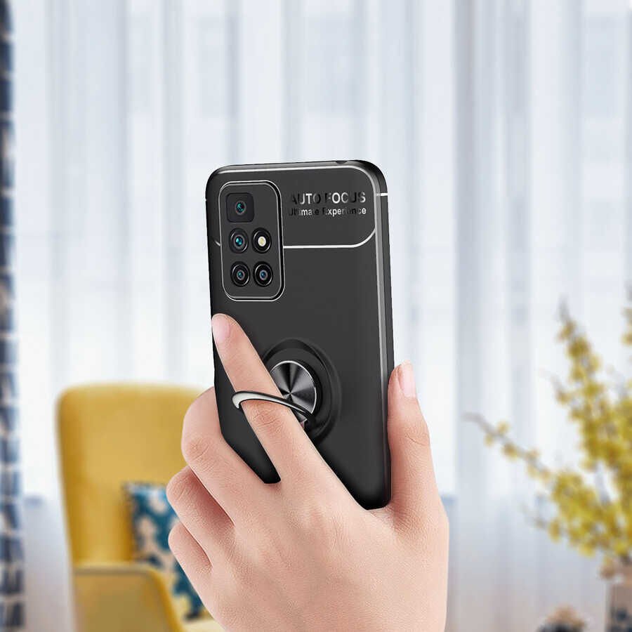 Xiaomi Redmi 10 Kılıf Kamera Çıkıntılı Renkli Yüzüklü Standlı Mıknatıslı Kapak (RAVEL) Siyah