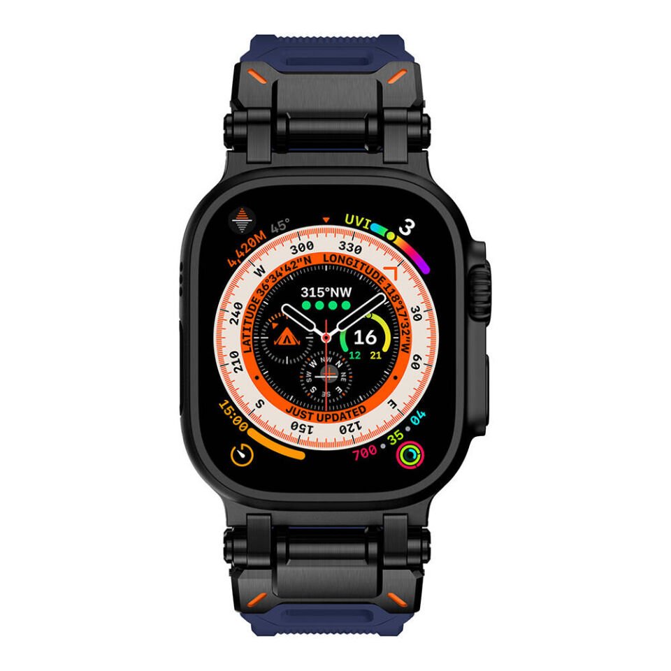 Apple Watch 2/3/4/5/6/7/8/9/se/ultra/nike 42mm 44mm 45mm 49mm Titanyum Metal Başlık Kordon (krd-101) Siyah-Mavi