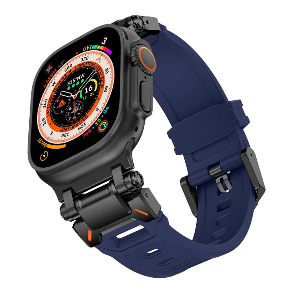Apple Watch 2/3/4/5/6/7/8/9/se/ultra/nike 42mm 44mm 45mm 49mm Titanyum Metal Başlık Kordon (krd-101) Siyah-Mavi