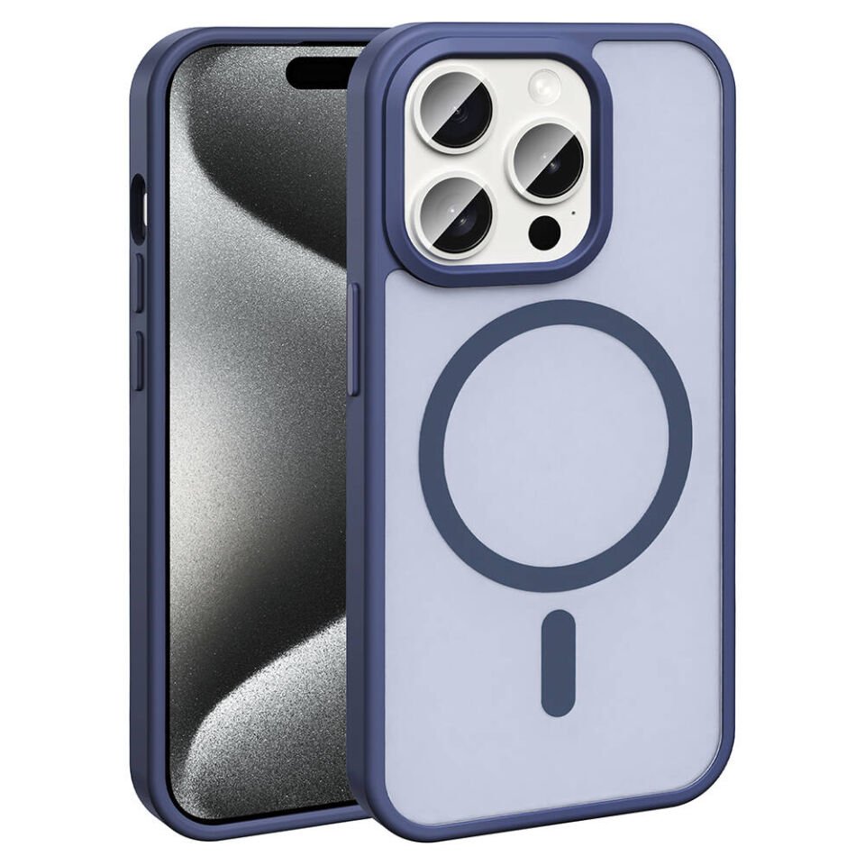 Apple  iPhone 15 Pro Max Kılıf Magsafe Şarj Özellikli Mat Arka Yüzey Kapak (Sio) Lacivert