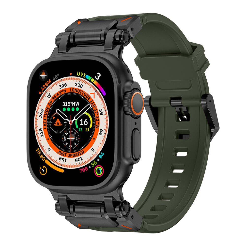 Apple Watch 2/3/4/5/6/7/8/9/se/ultra/nike 42mm 44mm 45mm 49mm Titanyum Metal Başlık Kordon (krd-101) Siyah-Yeşil