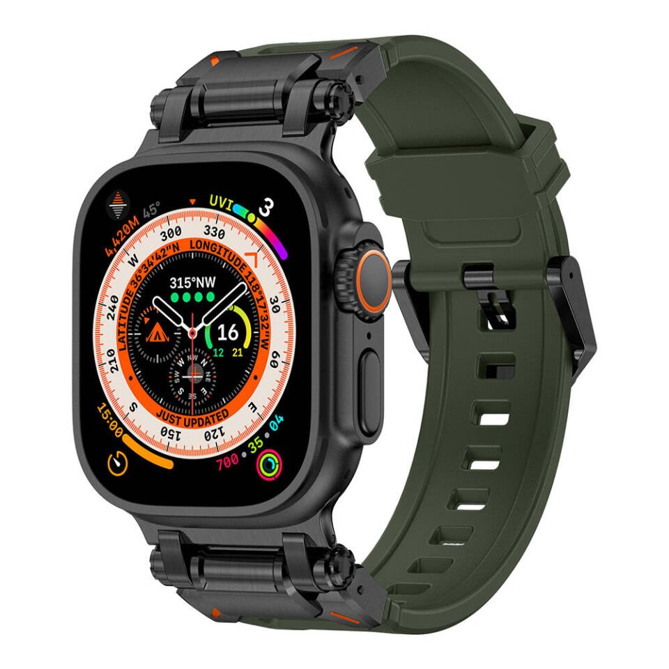 Apple Watch 2/3/4/5/6/7/8/9/se/ultra/nike 42mm 44mm 45mm 49mm Titanyum Metal Başlık Kordon (krd-101) Siyah-Yeşil