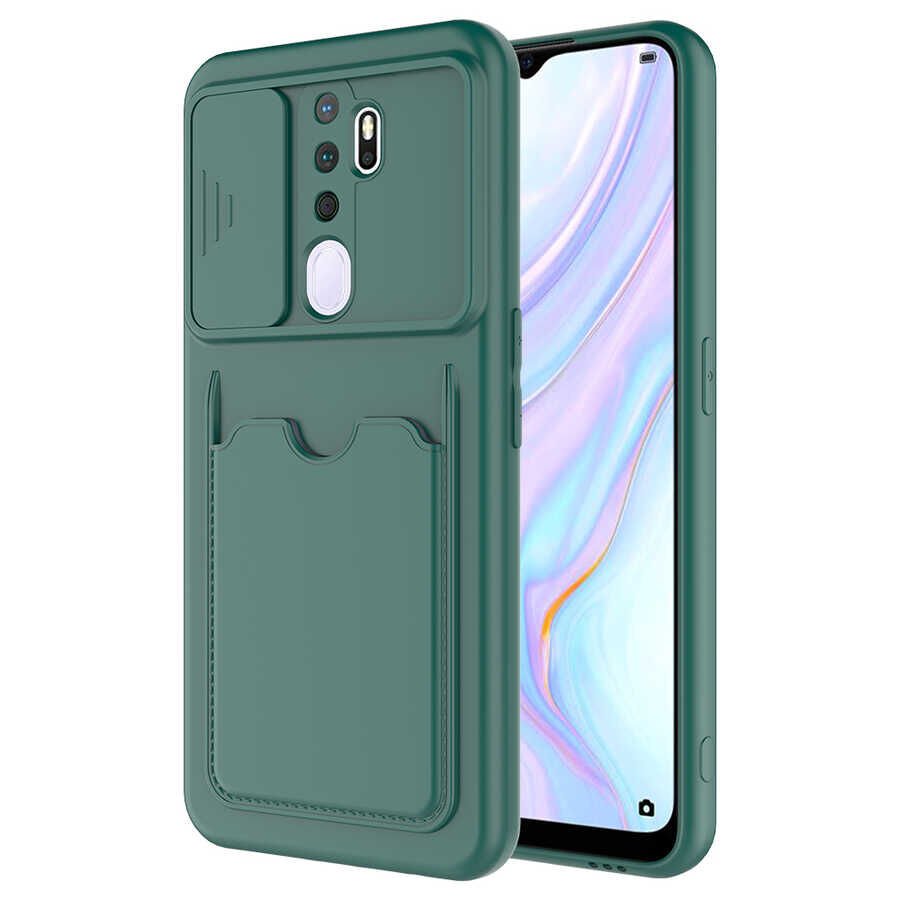 Oppo A5 2020 Kılıf Cüzdan Sürgülü Kamera Korumalı Kartllıklı Bölmeli Kapak (Kartix) Koyu Yeşil