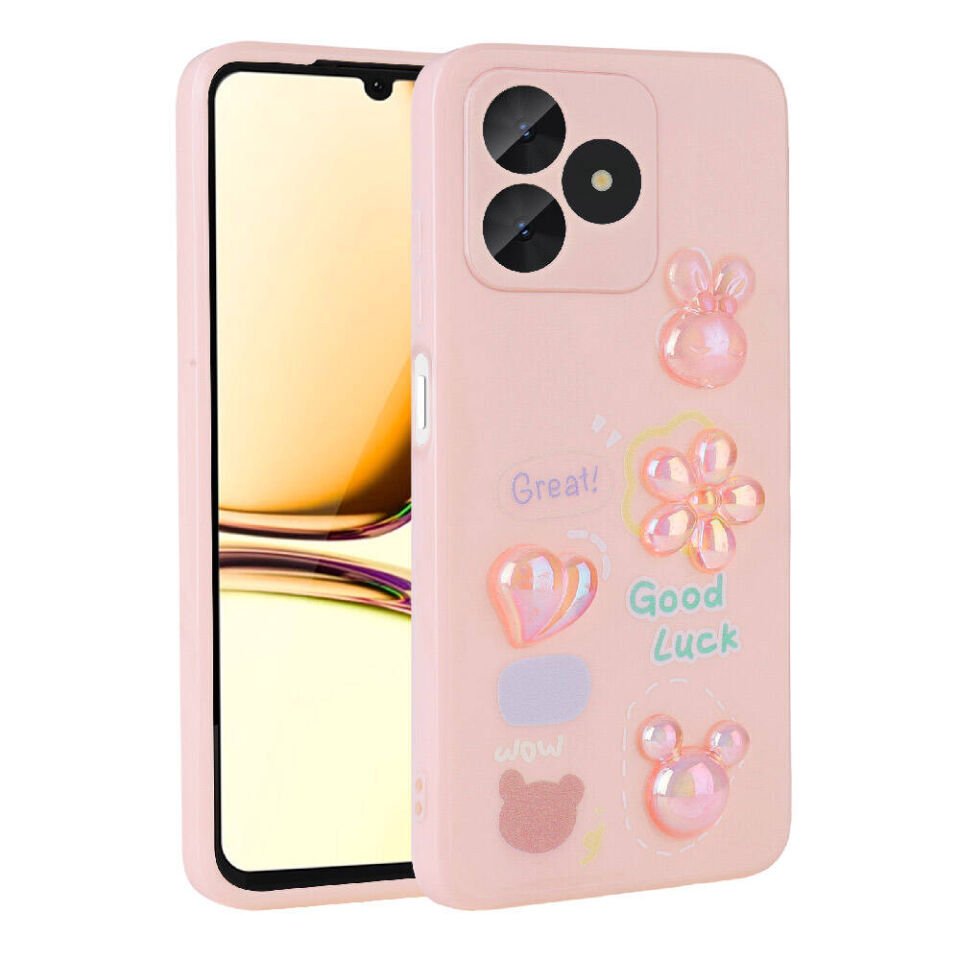 Realme C53 Kılıf Kamera Korumalı Kabartma Figürlü Parlak Silikon Kapak (Toys) Açık Yeşil
