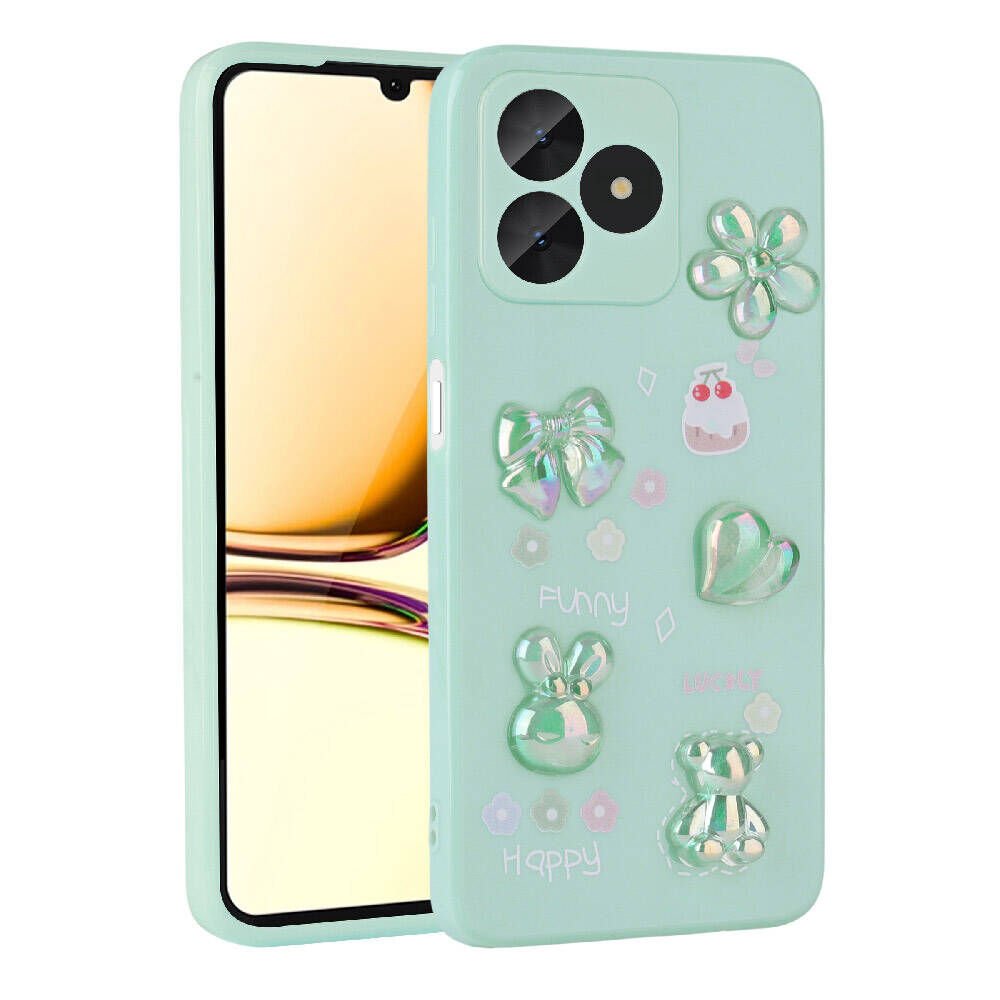 Realme C53 Kılıf Kamera Korumalı Kabartma Figürlü Parlak Silikon Kapak (Toys) Açık Yeşil