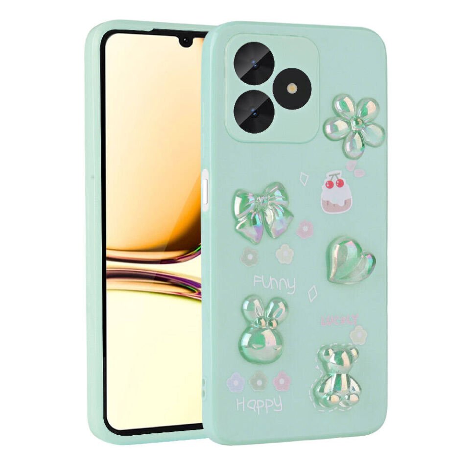 Realme C53 Kılıf Kamera Korumalı Kabartma Figürlü Parlak Silikon Kapak (Toys) Açık Yeşil