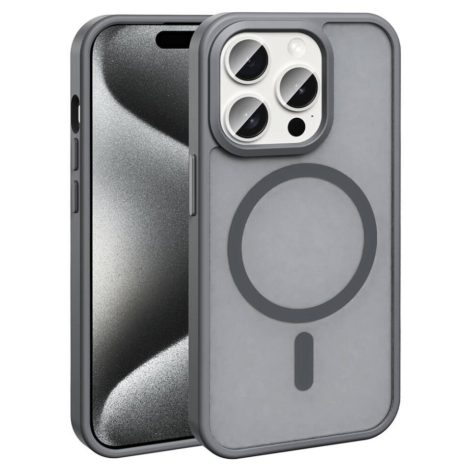 Apple  iPhone 15 Pro Max Kılıf Magsafe Şarj Özellikli Mat Arka Yüzey Kapak (Sio) Gri