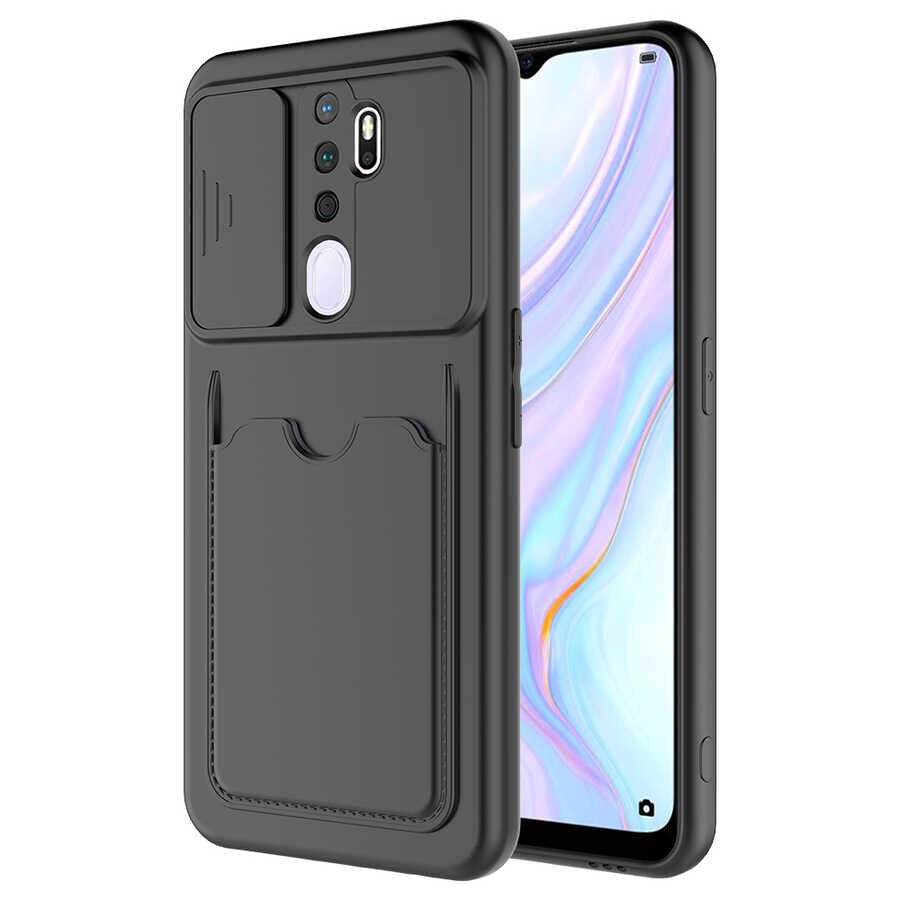 Oppo A5 2020 Kılıf Cüzdan Sürgülü Kamera Korumalı Kartllıklı Bölmeli Kapak (Kartix) Siyah